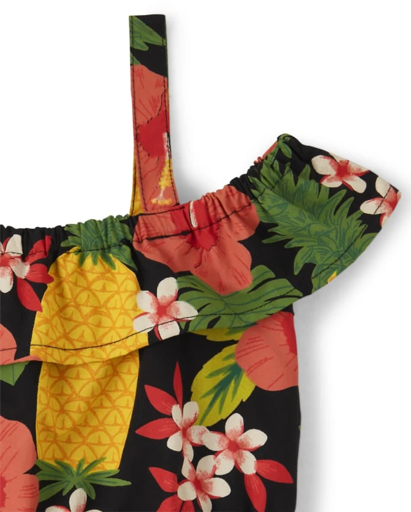 Girls Pineapple Off Shoulder Dress - Punch