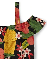 Girls Pineapple Off Shoulder Dress - Punch