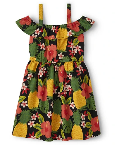 Girls Pineapple Off Shoulder Dress - Punch