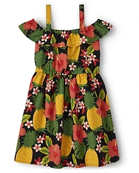 Girls Pineapple Off Shoulder Dress - Punch