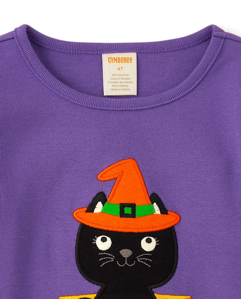 Girls Embroidered Cat Top - Trick or Treat