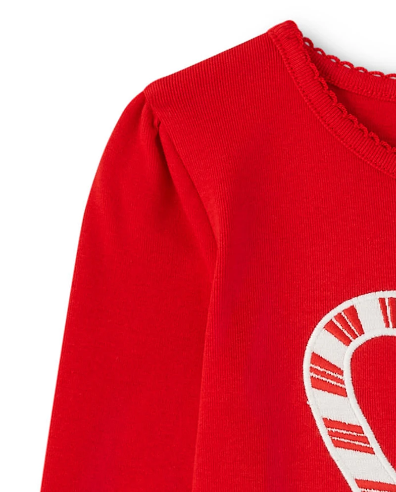 Girls Embroidered Candy Cane Heart Top - Holiday Express