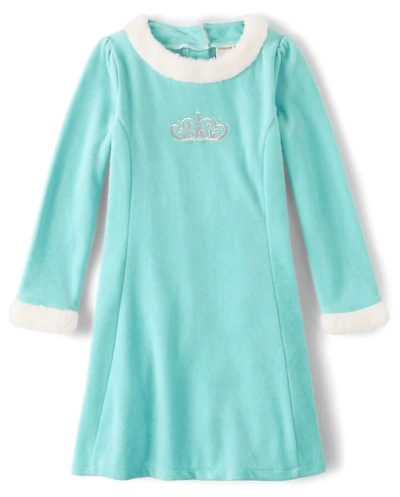 Girls Embroidered Crown Velour Dress - Unicorn Princess