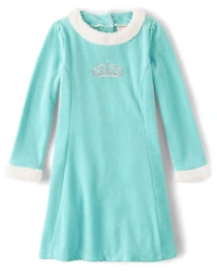 Girls Embroidered Crown Velour Dress - Unicorn Princess