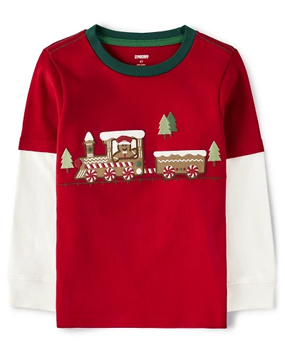 Boys Embroidered Train Layered Top - Gingerbread House
