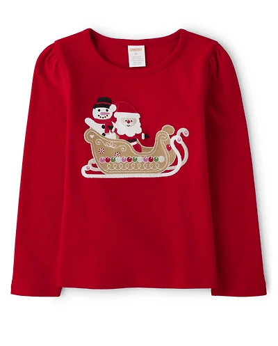 Girls Embroidered Sleigh Top - Gingerbread House