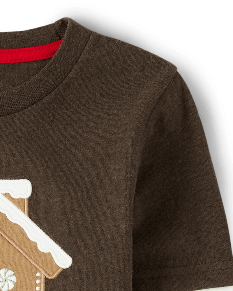 Boys Embroidered Gingerbread House Layered Top