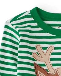 Kids Striped Reindeer Snug Fit Cotton Pajamas