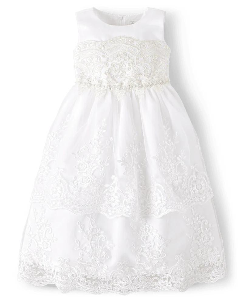 Girls Lace Applique Tiered Dress - Special Occasions