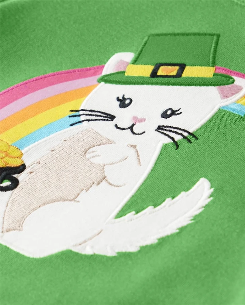 Girls Embroidered Cat Top - Little Leprechaun