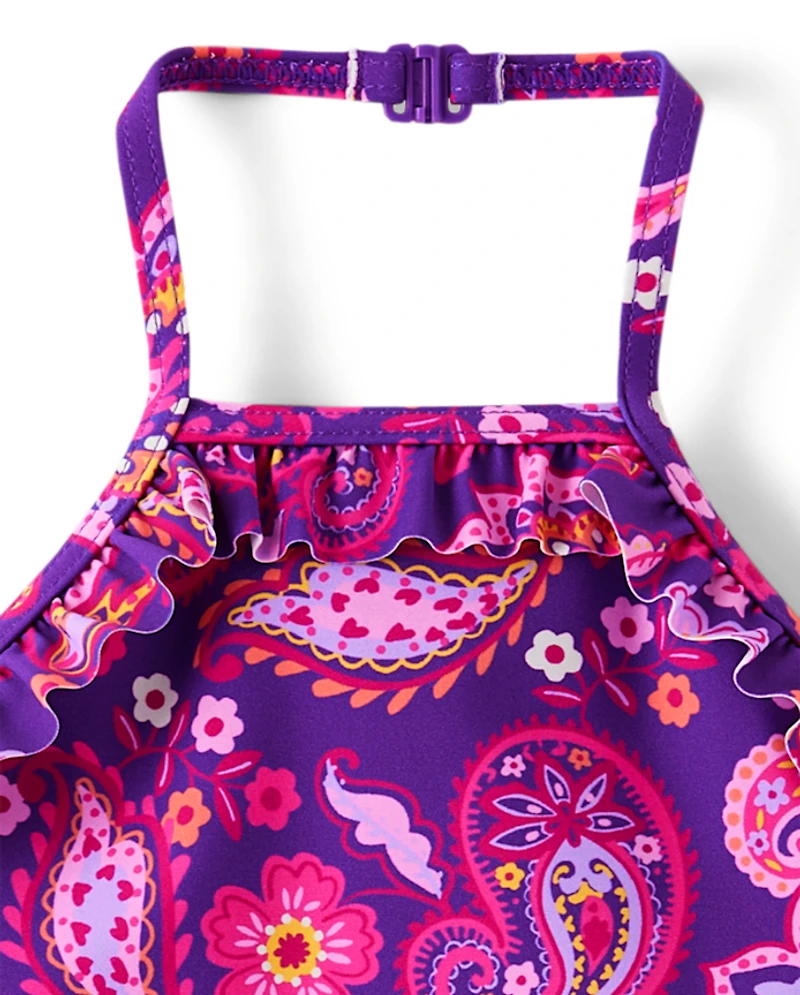 Maillot de bain une pièce à volants fille motif cachemire - Splish-Splash