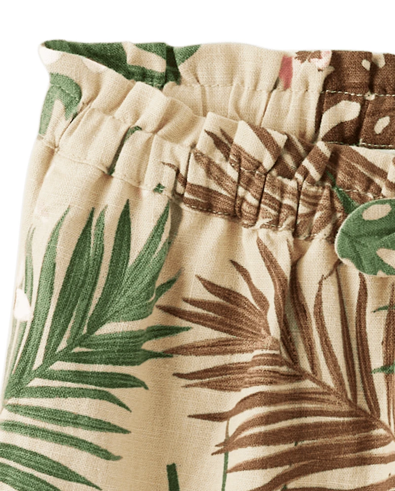 Girls Palm Paperbag Waist Shorts - Safari