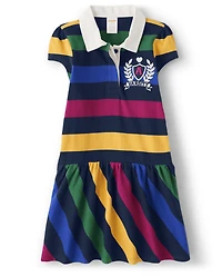Girls Striped Varsity Patch Polo Dress - Prep School