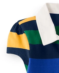 Girls Striped Varsity Patch Polo Dress - Prep School