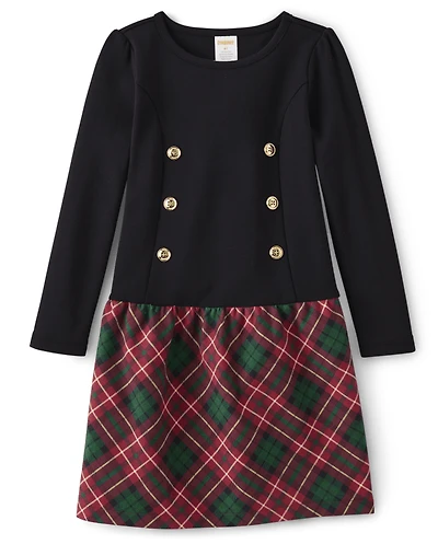Fille A carreaux Point de Rome Button Front Robes - Royal Noël