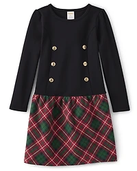 Fille A carreaux Point de Rome Button Front Robes - Royal Noël