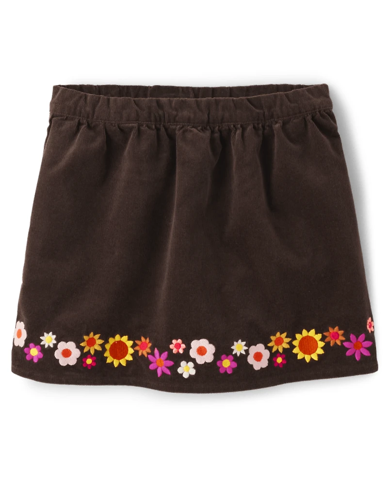 Jupe-short en velours côtelé brodée à fleurs pour filles - Bonne récolte