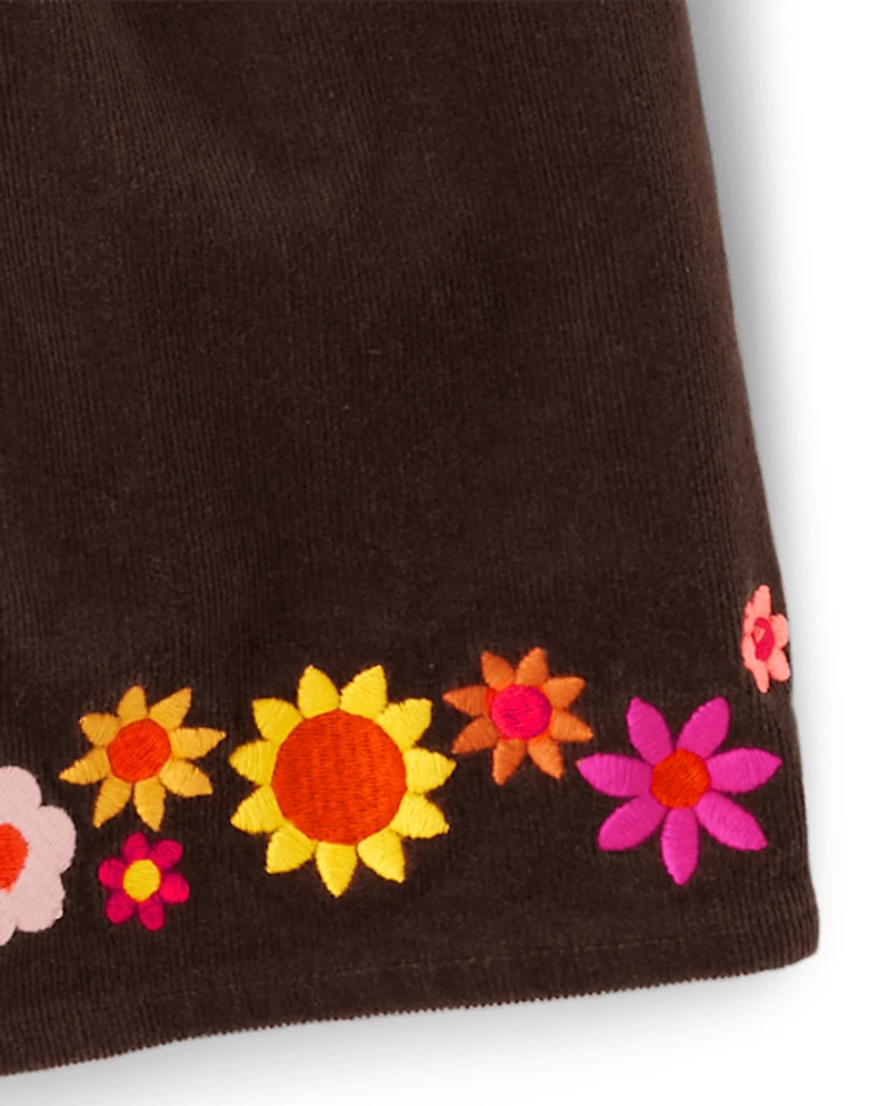 Jupe-short en velours côtelé brodée à fleurs pour filles - Bonne récolte