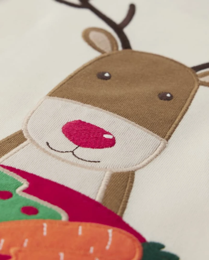 Kids Embroidered Reindeer Snug Fit Cotton Pajamas