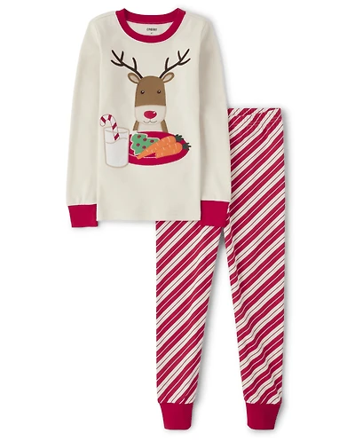 Kids Embroidered Reindeer Snug Fit Cotton Pajamas