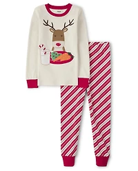 Kids Embroidered Reindeer Snug Fit Cotton Pajamas