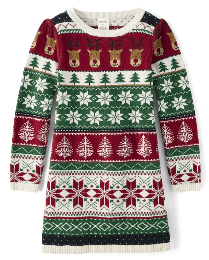 Robe pull intarsia Fair Isle pour fille - Chalet de Noël