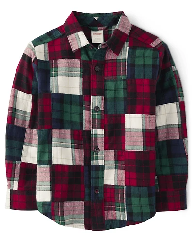 Boys Patch Plaid Shirt - Christmas Cabin