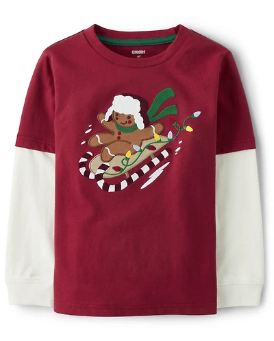 Boys Embroidered Gingerbread Sled Layered Top - Christmas Cabin