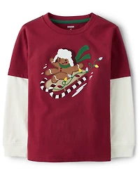 Boys Embroidered Gingerbread Sled Layered Top - Christmas Cabin
