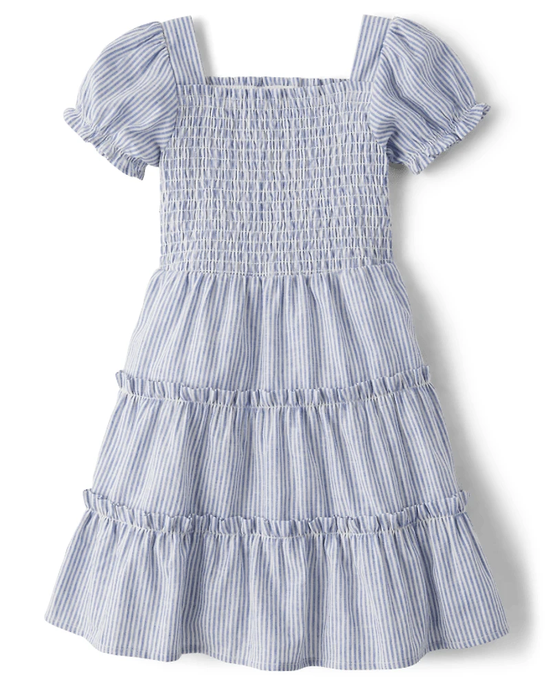 Girls Striped Linen-Blend Tiered Dress