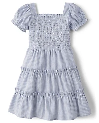 Girls Striped Linen-Blend Tiered Dress