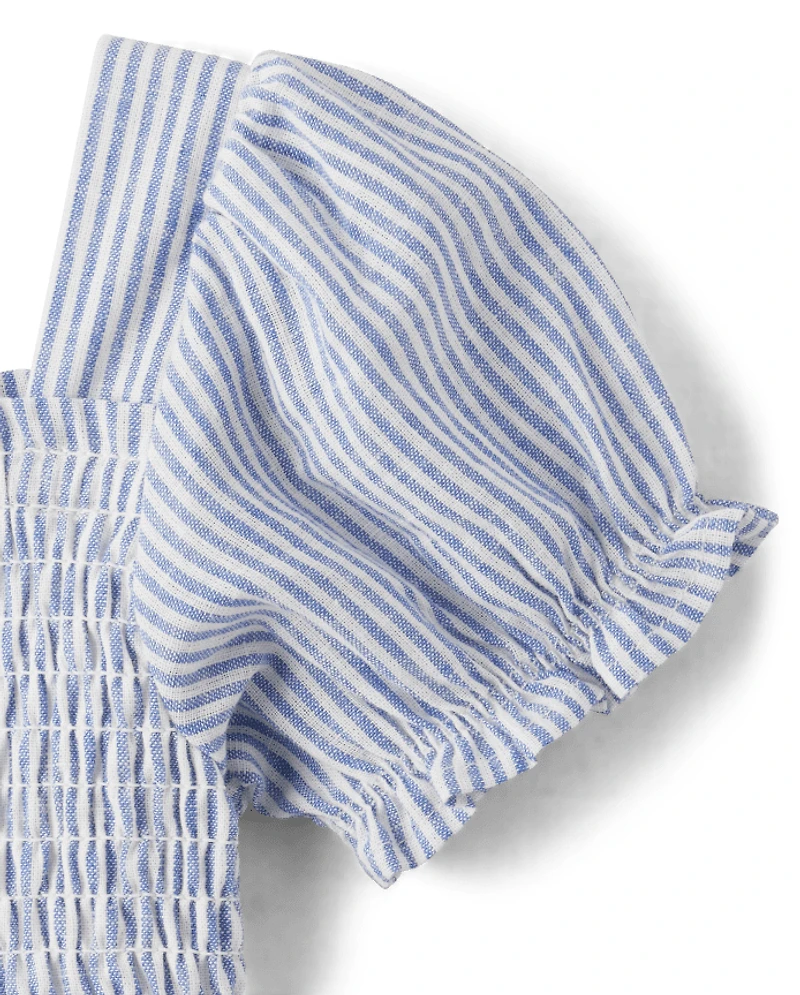 Girls Striped Linen-Blend Tiered Dress