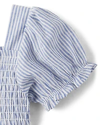 Girls Striped Linen-Blend Tiered Dress