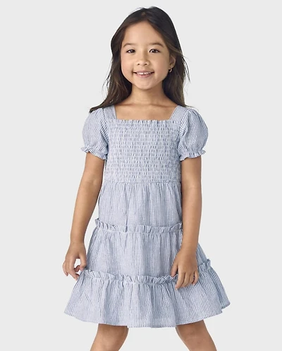 Girls Striped Linen-Blend Tiered Dress