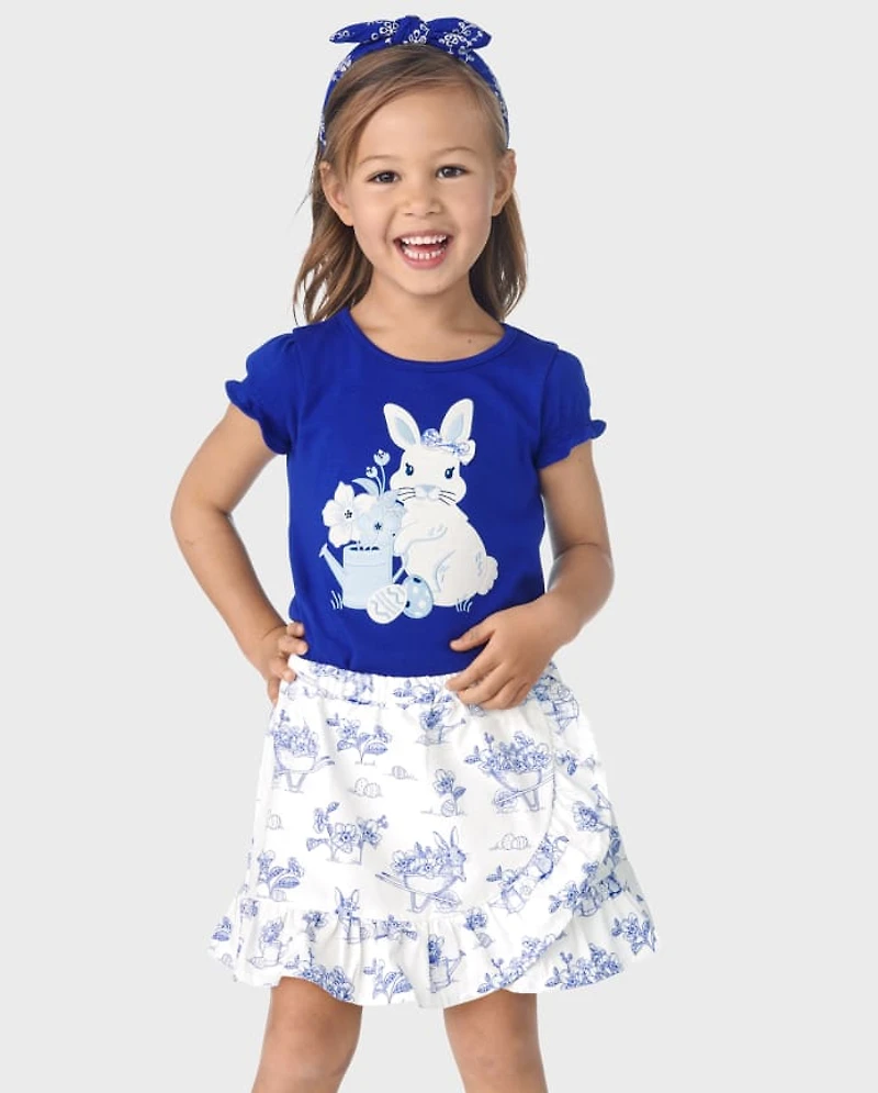Jupe-short à volants en popeline motif lapin pour fille - Bleu Belle