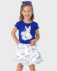 Jupe-short à volants en popeline motif lapin pour fille - Bleu Belle
