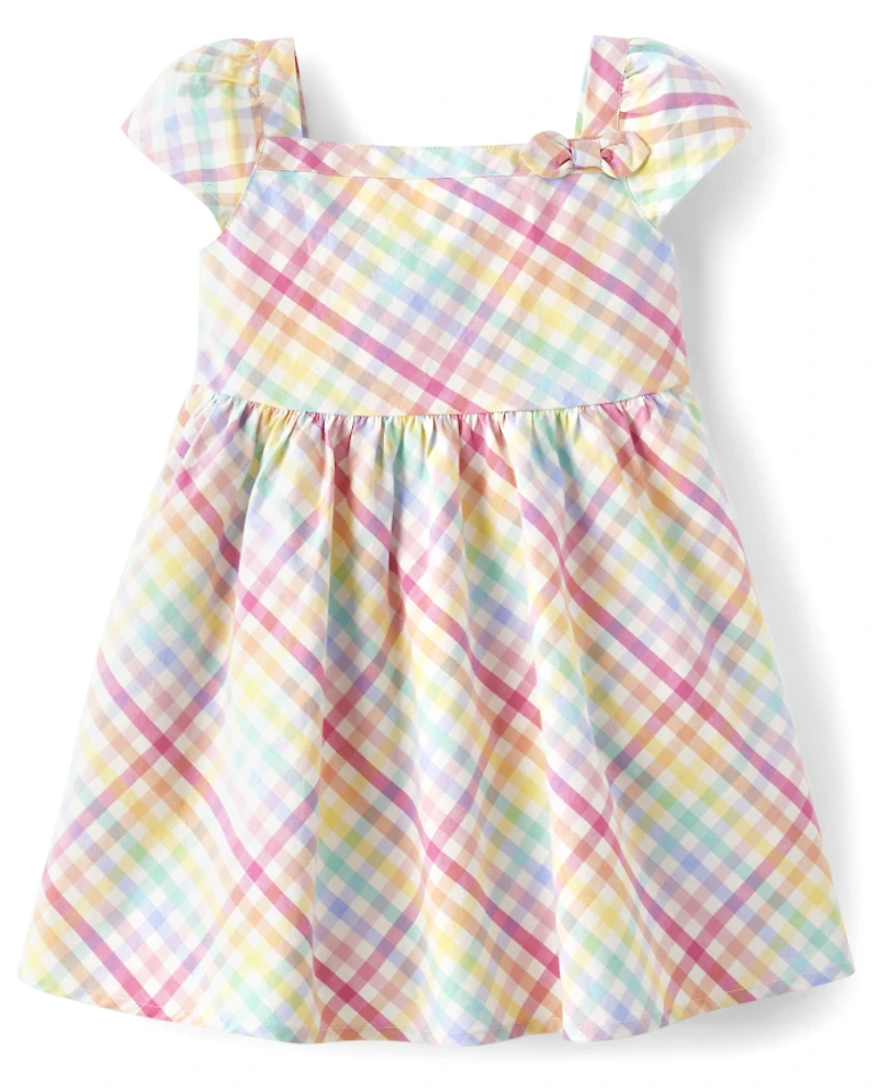 Robe évasée en popeline vichy arc-en-ciel pour fille - Fêtes de printemps