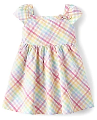 Robe évasée en popeline vichy arc-en-ciel pour fille - Fêtes de printemps