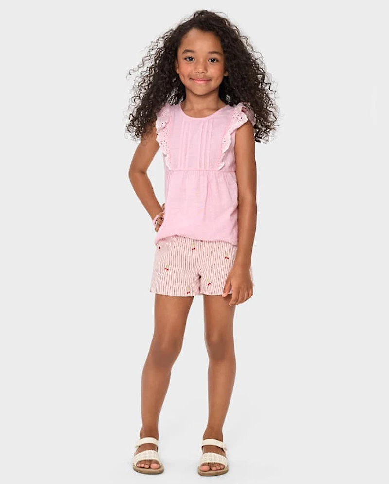 Girls Eyelet Linen-Blend Top