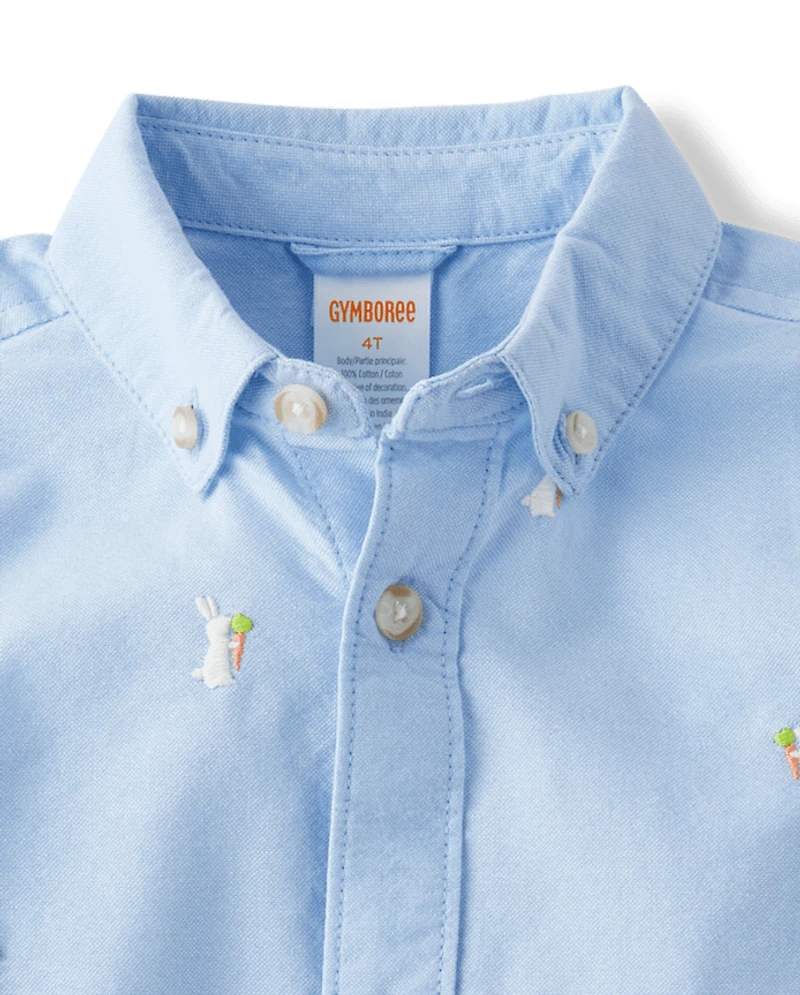 Boys Embroidered Bunny Oxford Button Up Shirt - Enchanted Garden