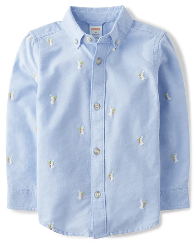 Boys Embroidered Bunny Oxford Button Up Shirt - Enchanted Garden