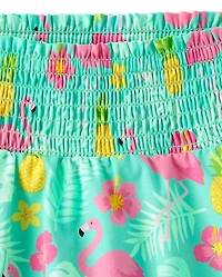 Jupe-short à smocks flamants roses pour filles - Palmiers du bord de mer