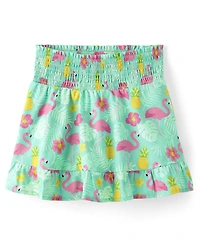 Jupe-short à smocks flamants roses pour filles - Palmiers du bord de mer