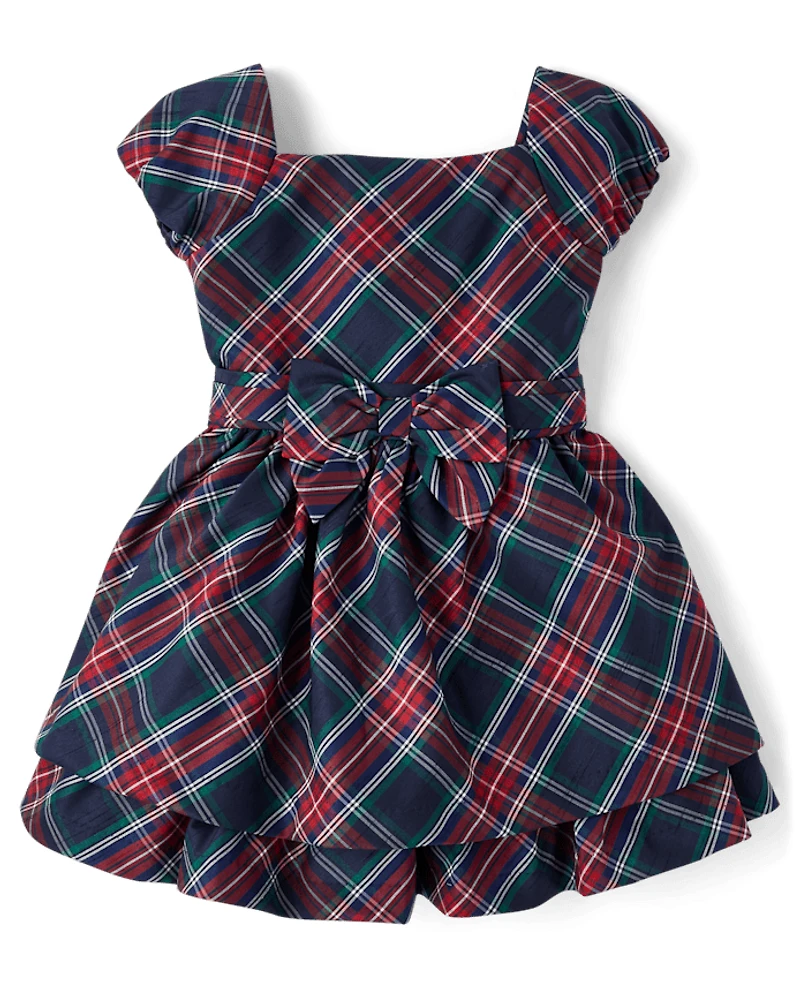 Girls Plaid Bow Ruffle Dress - Royal Christmas
