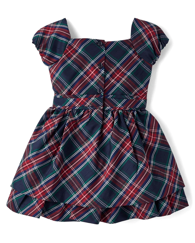 Girls Plaid Bow Ruffle Dress - Royal Christmas