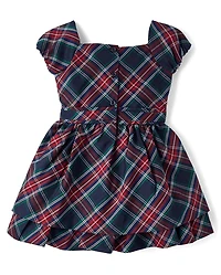 Girls Plaid Bow Ruffle Dress - Royal Christmas