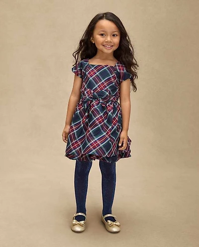 Girls Plaid Bow Ruffle Dress - Royal Christmas