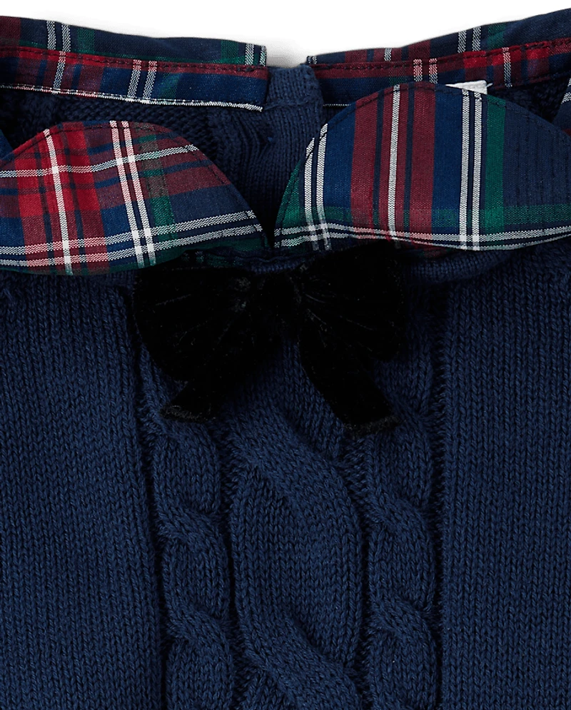 Girls Bow Cable Knit Sweater - Royal Christmas