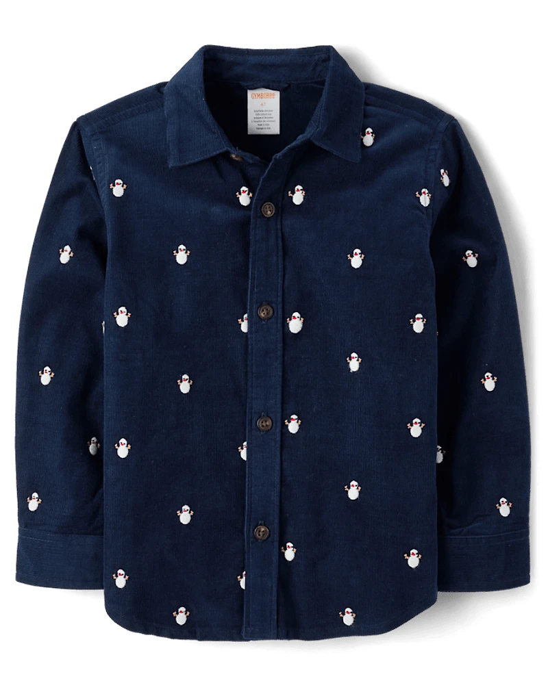 Boys Schiffli Snow Man Corduroy Button Up Shirt - Royal Christmas