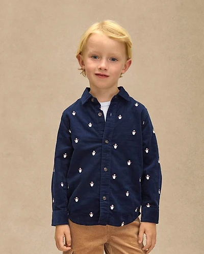Boys Schiffli Snow Man Corduroy Button Up Shirt - Royal Christmas